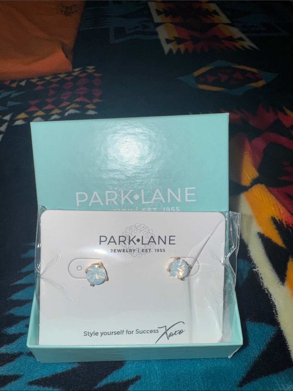 Park Lane Gold Stud Earrings with Opalescent Blue Stones